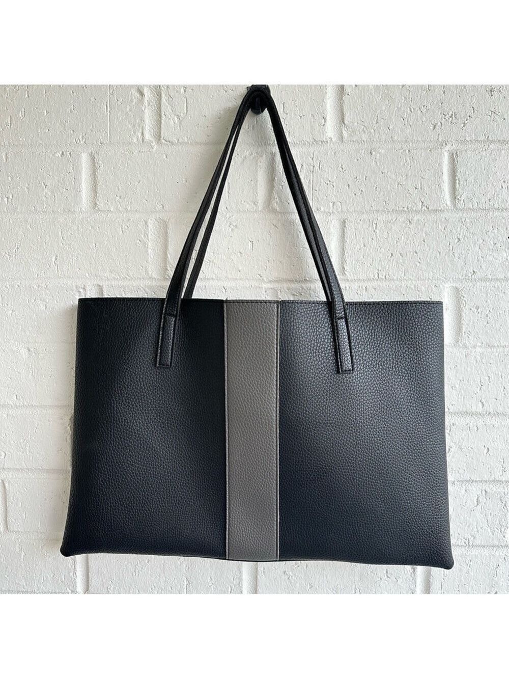 Vince Camuto Black Textured Tote Bag with Grey Stripe. Faux Leather and Suede